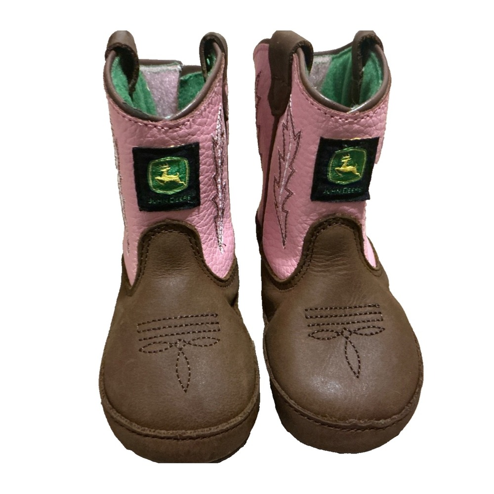 John Deere Infant Johnny Popper Boots Girls Size 4M Brown Pink Pull On Shoes